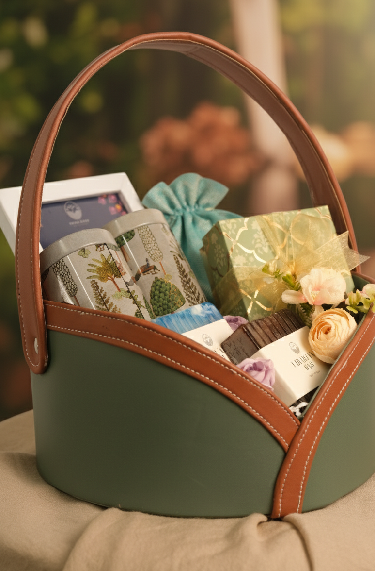 Gift basket with flowers, candles, and other items on a blurred background
